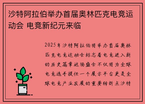 沙特阿拉伯举办首届奥林匹克电竞运动会 电竞新纪元来临 沙特阿拉伯举办首届奥林匹克电竞运动会 电竞新纪元来临